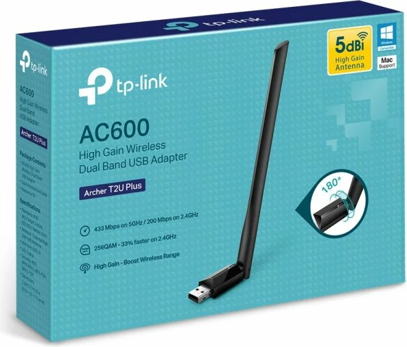 Adapter USB Wi‑Fi TP-LINK Archer T2U Plus 600Mbps Dual Band, antenë 5dBi, i zi