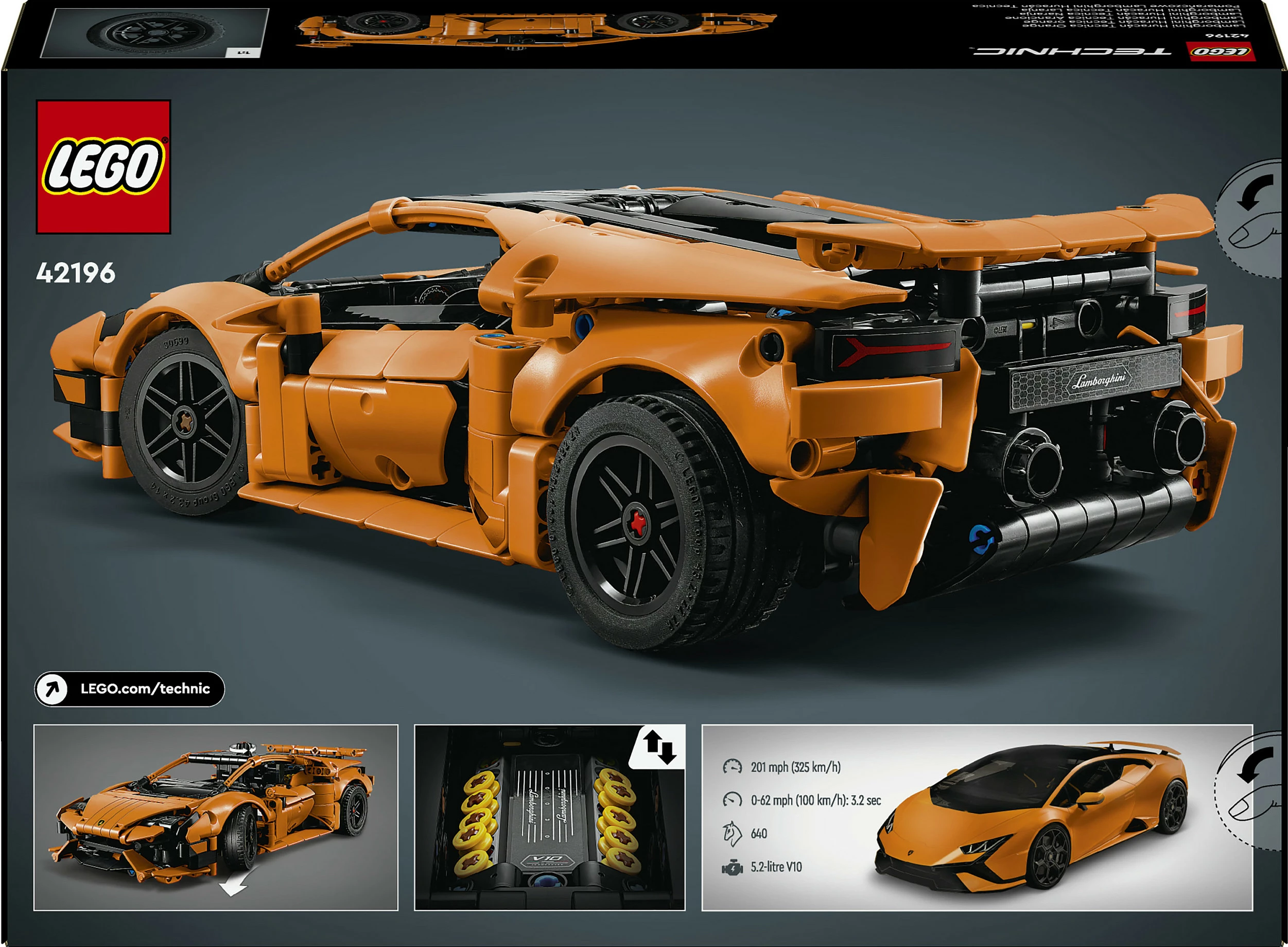 Set LEGO Technic Lamborghini Huracán Tecnica 42196, 806 copa, 9+, portokalli