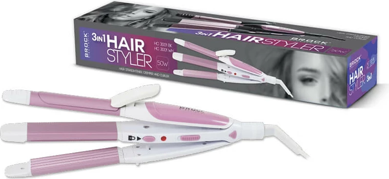 Stajler flokësh 3-në-1 Brock HC 3001 WH, 32 mm, 200°C, 50W, 1.8 m, rozë/bardhë