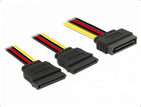 Kabllo rryme SATA DeLOCK 60174, 1x SATA 15-pin në 2x SATA 15-pin, 0.15 m, e zezë