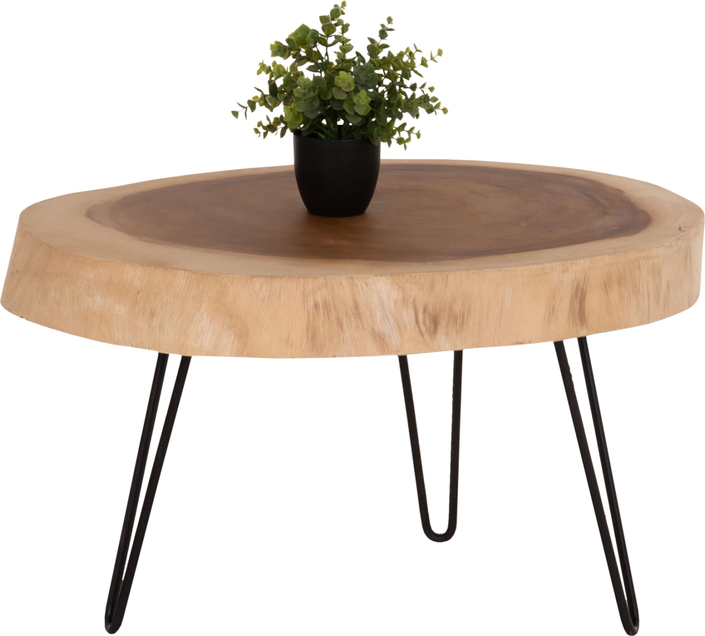 Tavolinë kafeje SERVON, dru suar natyral, këmbë metalike të zeza, 76x67x44cm