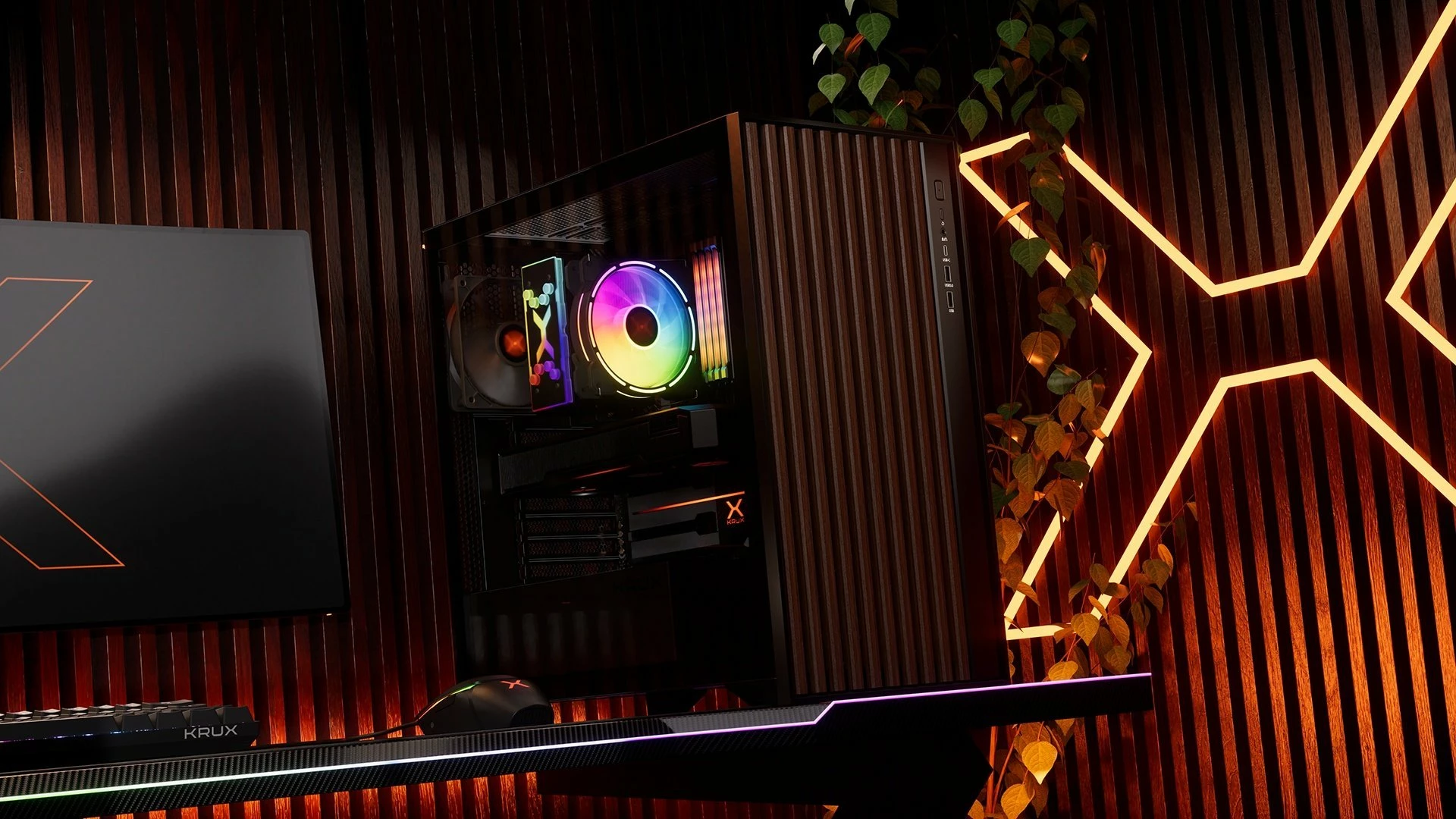 Kasë Krux Palum KRXD008 Midi Tower ATX/Micro-ATX/Mini-ITX, USB-C, 2x120mm fans, pa PSU, zezë/kafe