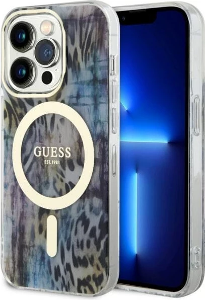 Mbështjellës Guess Leopard MagSafe për iPhone 14 Pro 6.1", Blu