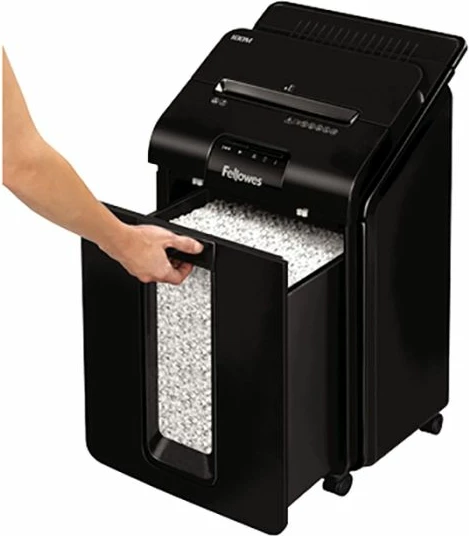 Shkatërrues dokumentesh Fellowes AutoMax 100M, mini-cut 4×10 mm (DIN P-4), 100 fletë auto / 10 fletë manual, kosh 23 L, i zi