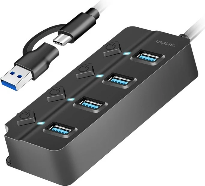 USB hub LogiLink UA0419, 4x USB-A, Gen1, me 4 ndezës individual, e zezë