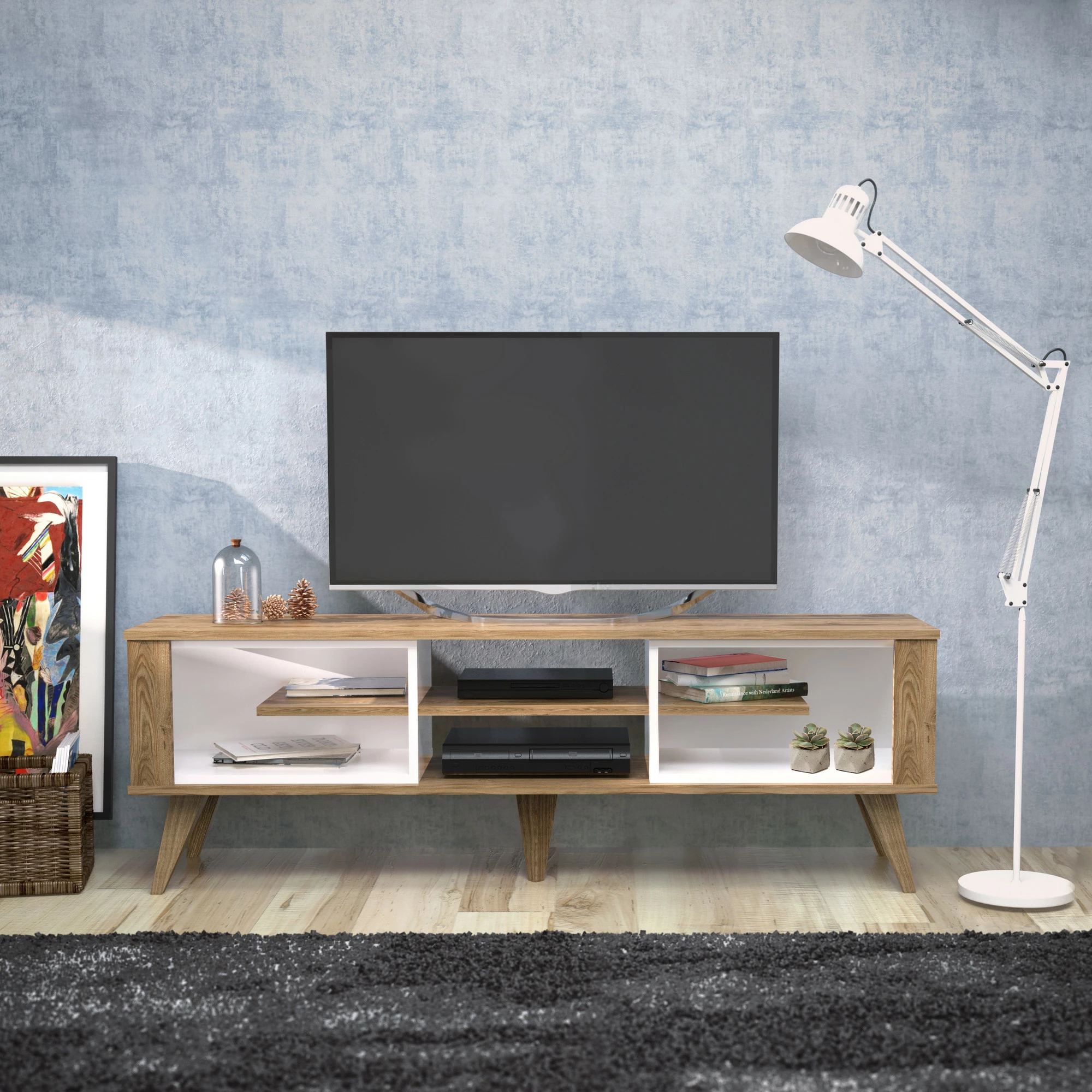 Komodë TV Skye Decor, ngjyrë lis dhe e bardhë, Ionis