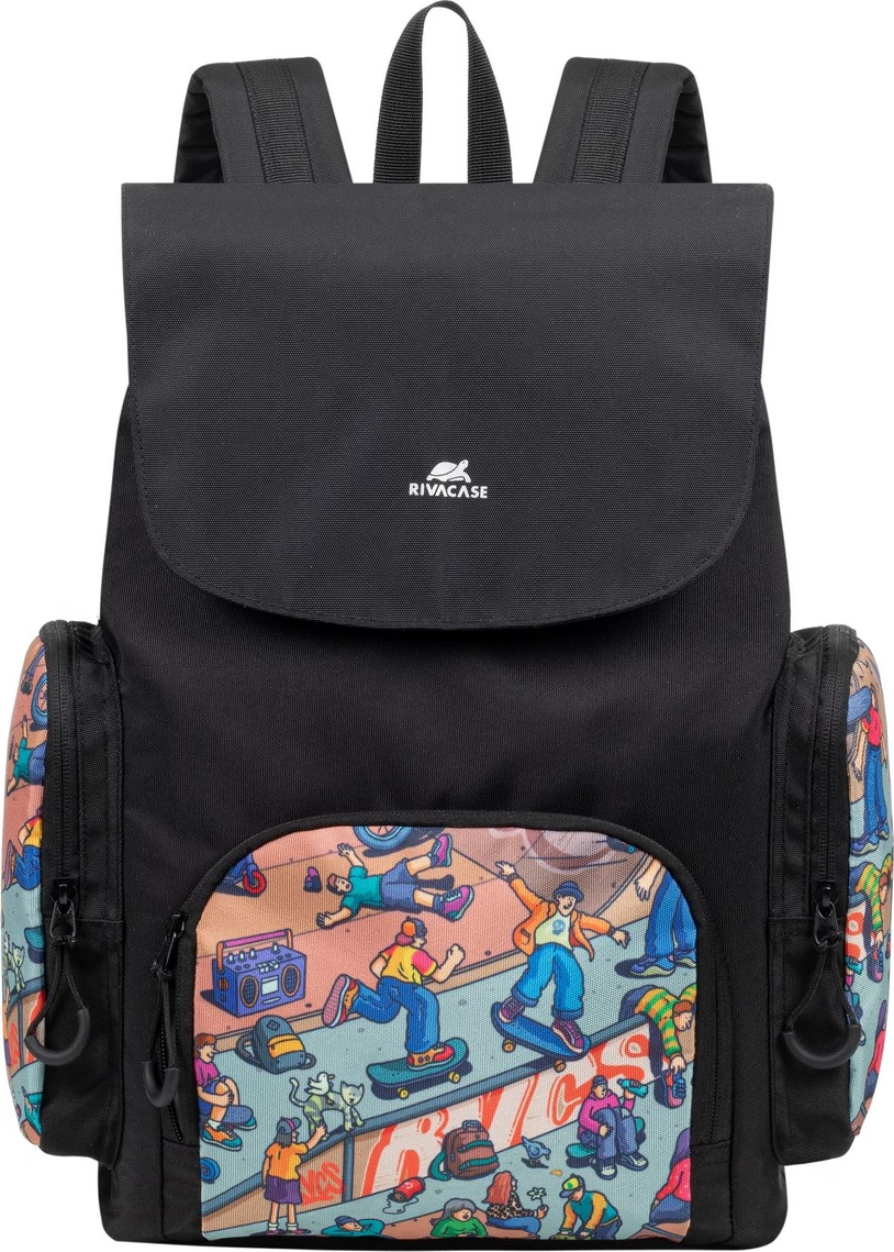 çantë shpine shkollore RIVACASE 5425 Agora 15L waterproof, print “Skaters”, e zezë