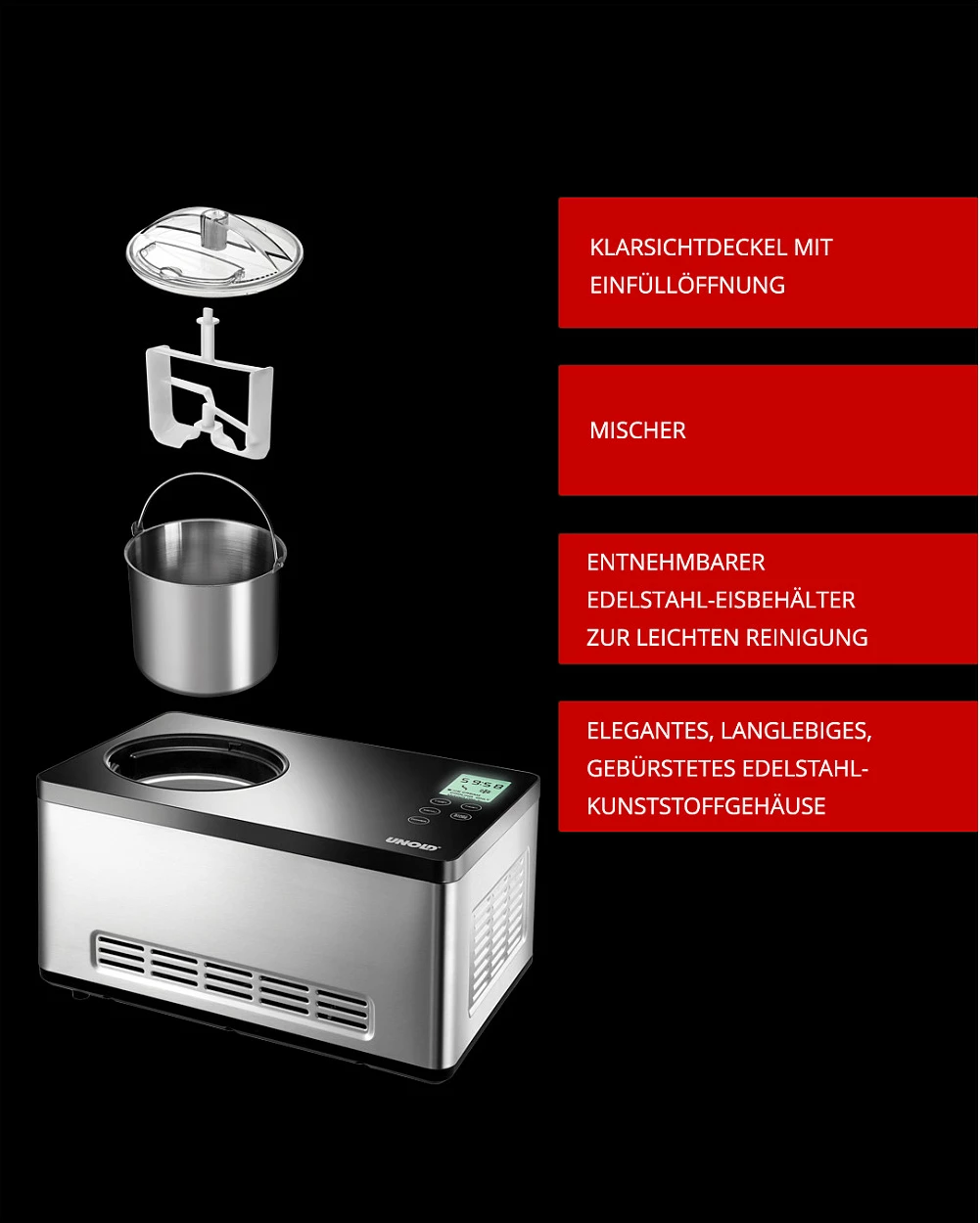 Makinë për akullore UNOLD Gusto, 2L, kompresor 180W, inox/e zezë