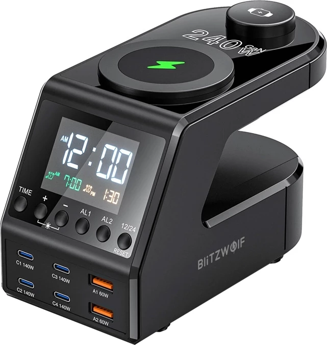 Orë alarmi me karikues 10‑në‑1, BlitzWolf BW-FW10, 4x USB-C + 2x USB-A, 2 karikim pa tela (telefon 15W + smartwatch 5W), PD 3.1 deri 240W, e zezë