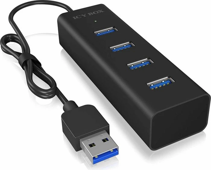 Hub USB ICYBOX IB-HUB1409-U3, 4 porta USB-A 3.0, deri 5 Gb/s, me kabllo USB-A në USB-A, i zi