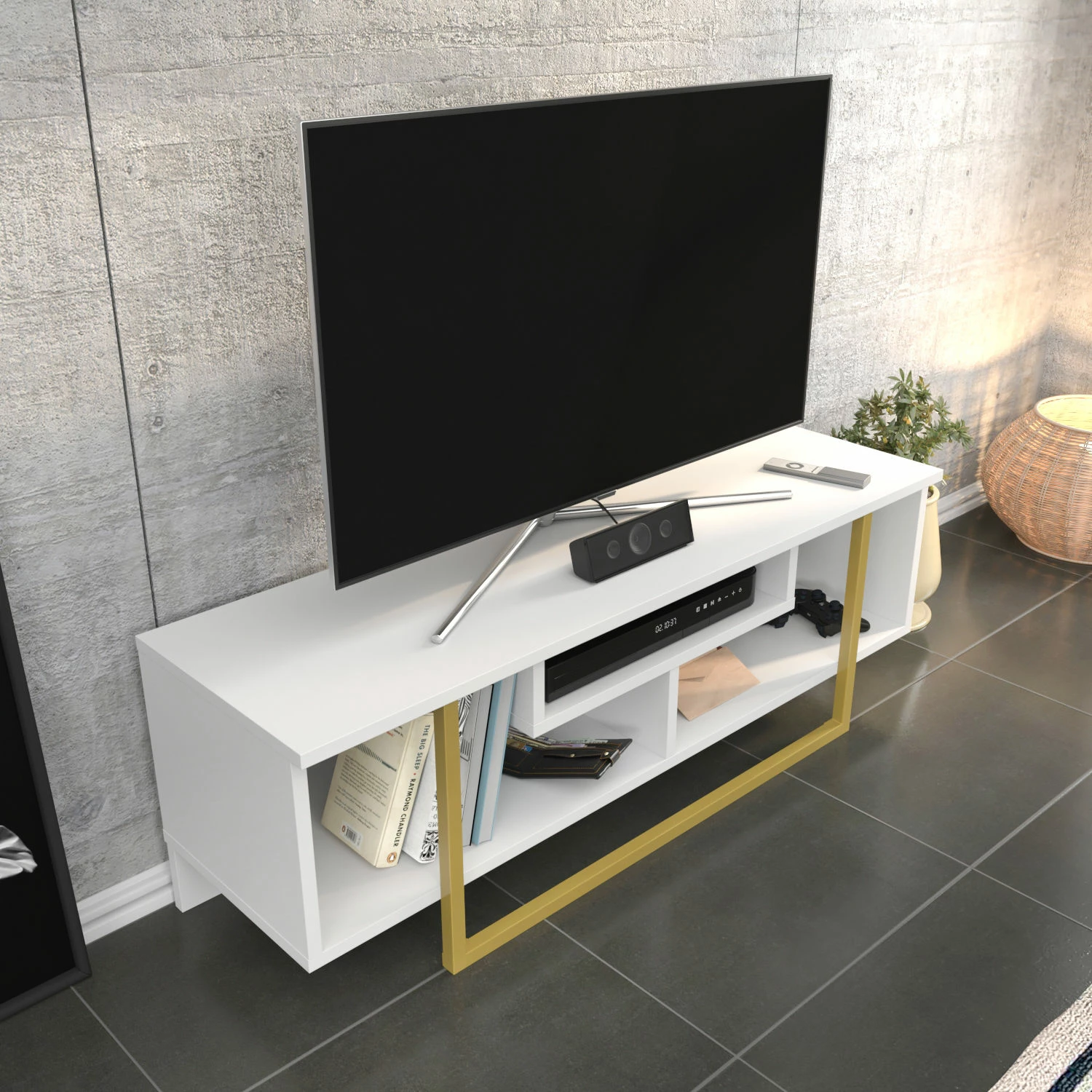 Komodë TV Hanah Home, Asal 120, ngjyrë ari dhe e bardhë