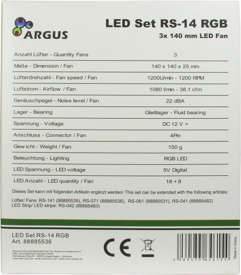 Ventilator kasë Inter-Tech ARGUS RS-14, set 3x 140mm, RGB, i zi