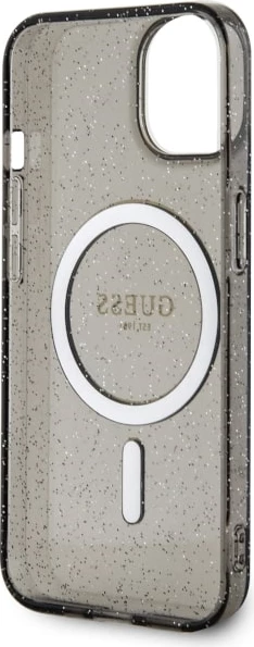 Mbështjellës Guess Glitter Gold MagSafe për iPhone 14, i zi