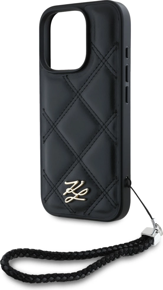 Mbështjellës Karl Lagerfeld Quilted Initial Logo & Chain Strap për iPhone 16 Pro Max, i zi