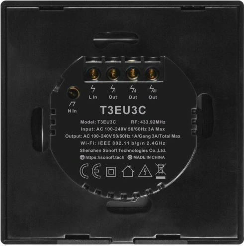 Ndërprerës muri smart Wi‑Fi SONOFF T3EU3C-TX, 3 kanale, touch, EU, xham i temperuar, i zi
