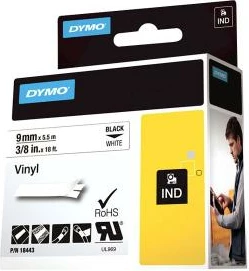Shirit etiketime vinil, Dymo, 18443 S0718580, 9mm x 5.5m, e zezë në të bardhë