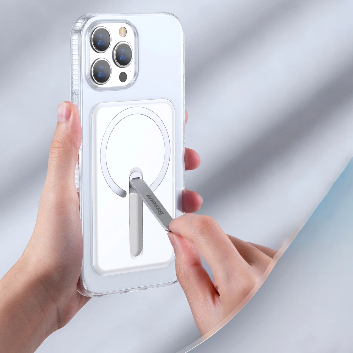 Mbështjellës magnetik Baseus për iPhone 13 Pro 6.1" (2021), me mbajtëse, Transparent