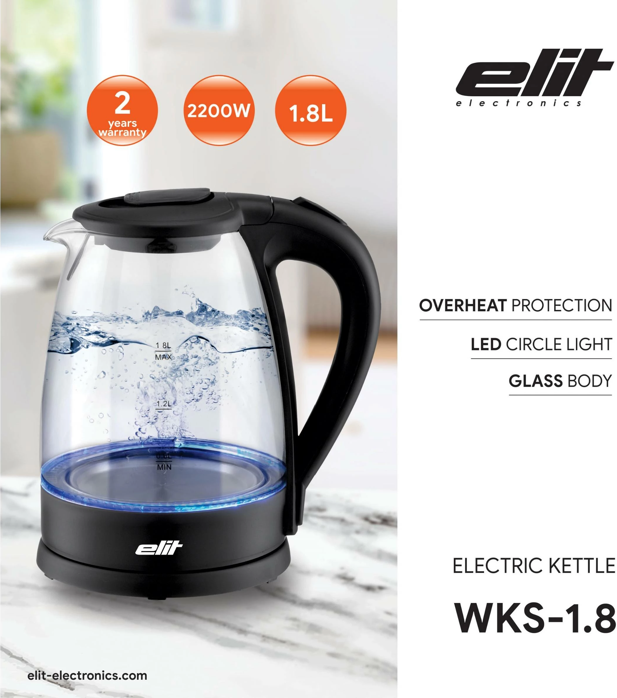 Çajnik elektrik qelqi Elit WKS-1.8 1.8L 2200W, i zi 6