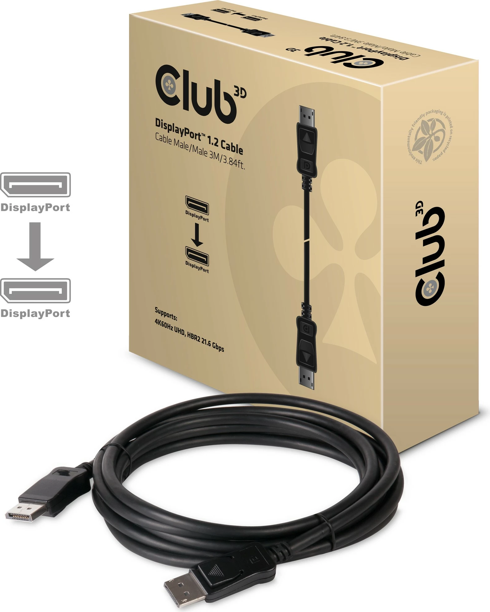 Kabllo DisplayPort Club3D 1.2, 3m, 21.6Gb/s, e zezë