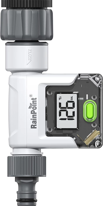 Matës dixhital i rrjedhës së ujit RainPoint HCS008FRF, 20–2400 L/h, lidhje 3/4\", IPX6, LCD + aplikacion, Bardhë/Gri