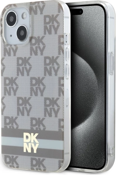 Mbështjellës DKNY IML Checkered Mono Pattern & Printed Stripes MagSafe për iPhone 15/14/13, bezhë