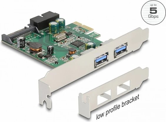 Kartelë PCIe DeLOCK USB 3.2 Gen 1, 2x USB-A + 1x 19-pin internal, Low Profile, argjend