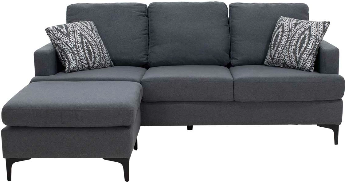 Kënd divani me pëlhurë Slim, ngjyrë gri e errët, dy jastëkë, 185x140x70cm