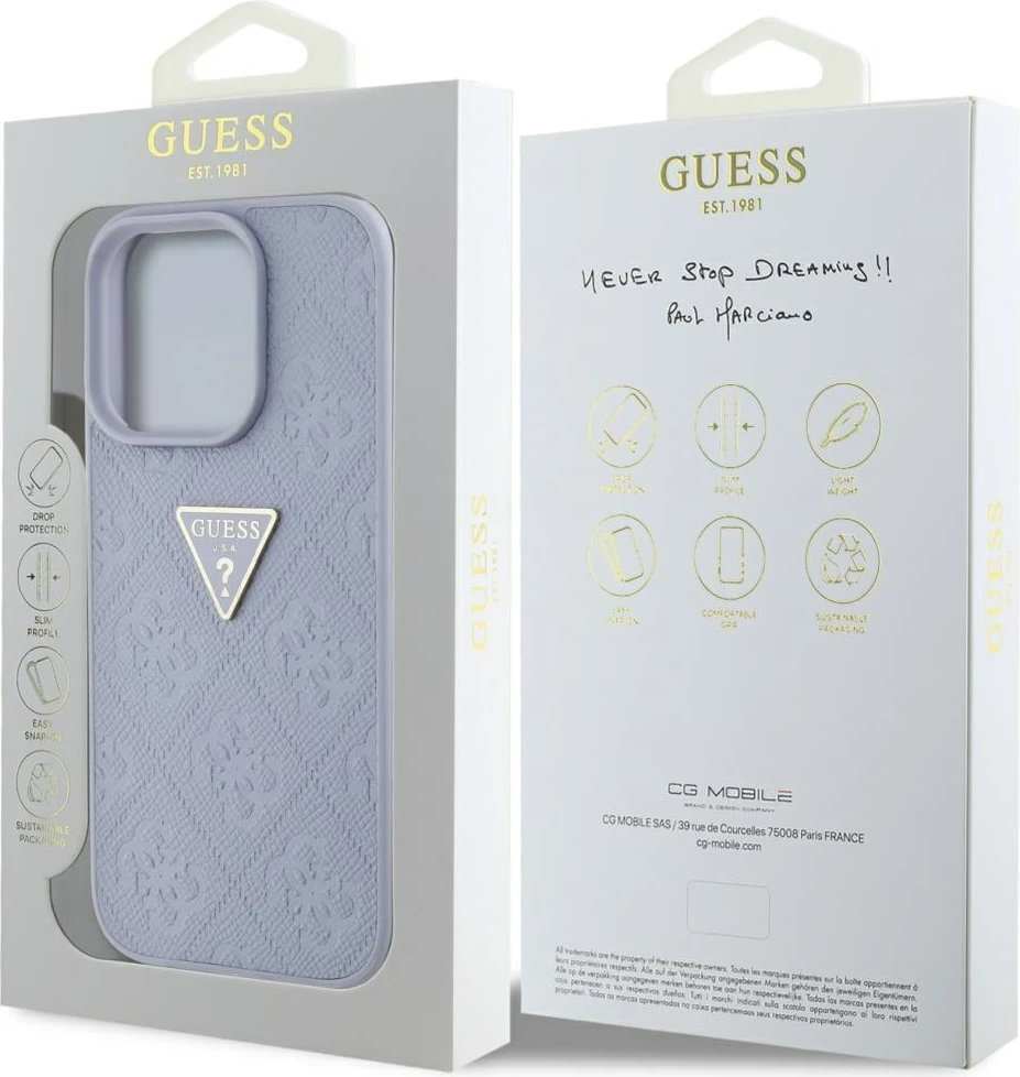 Mbështjellës Guess Hot Stamp 4G Pattern Triangle Metal Logo për iPhone 16 Pro, Vjollcë