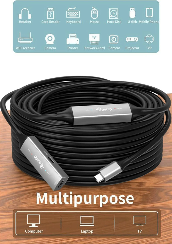 Kabllo zgjatëse aktive USB‑C në USB‑C EQUIP 133357, 10 m, 5 Gbps, USB 3.2 Gen 1, e zezë