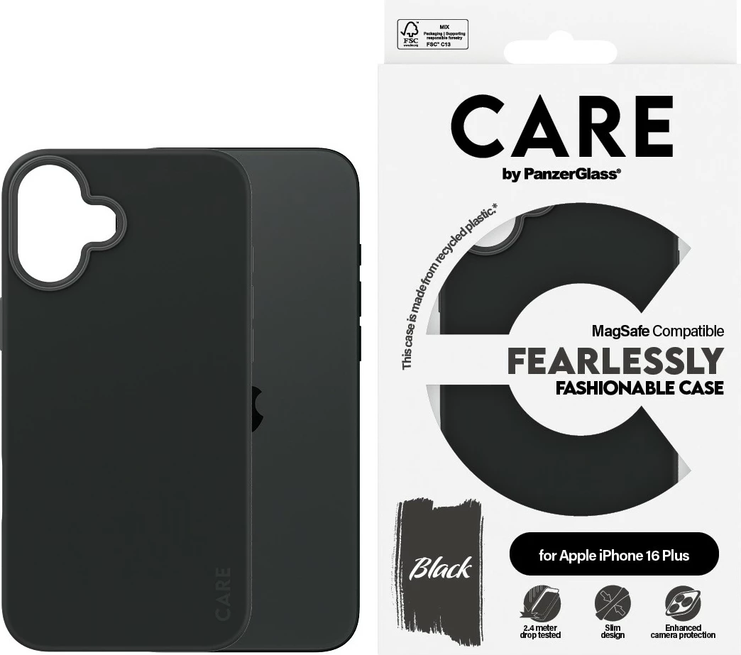 Mbështjellës PanzerGlass CARE Case Fashion MagSAFE për iPhone 16 Plus, e zezë