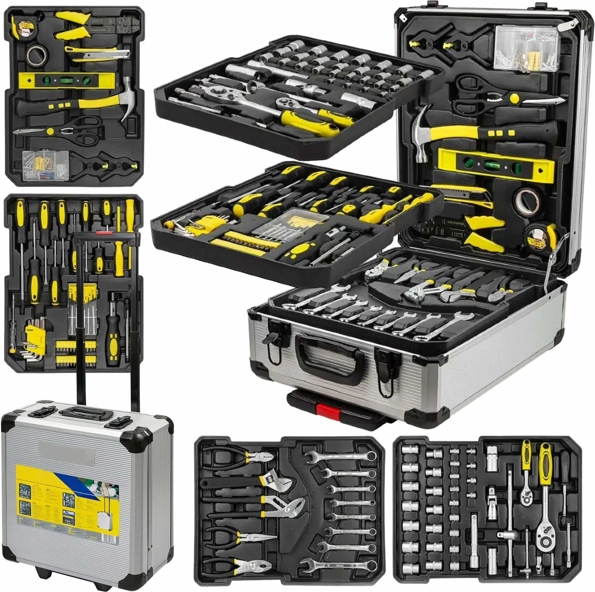 Set veglash NoName 246 copë, 1/4\" & 1/2\", 4-21 mm, 6-këndësh, valixhe me rrota, zi/verdhë