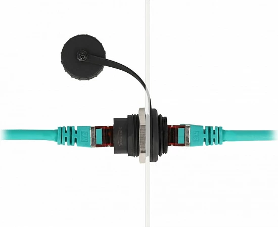 Prizë paneli RJ45 DeLOCK Cat6, femër-femër, IP67, me kapak, e zezë