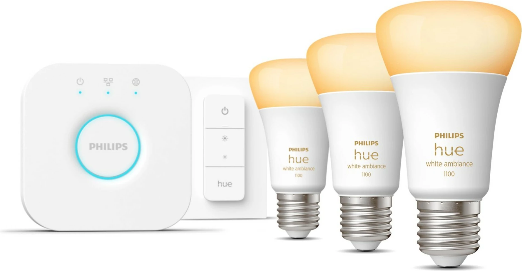 Kit ndriçimi smart Philips Hue White Ambiance, 3 llamba E27, LED, Bardhë