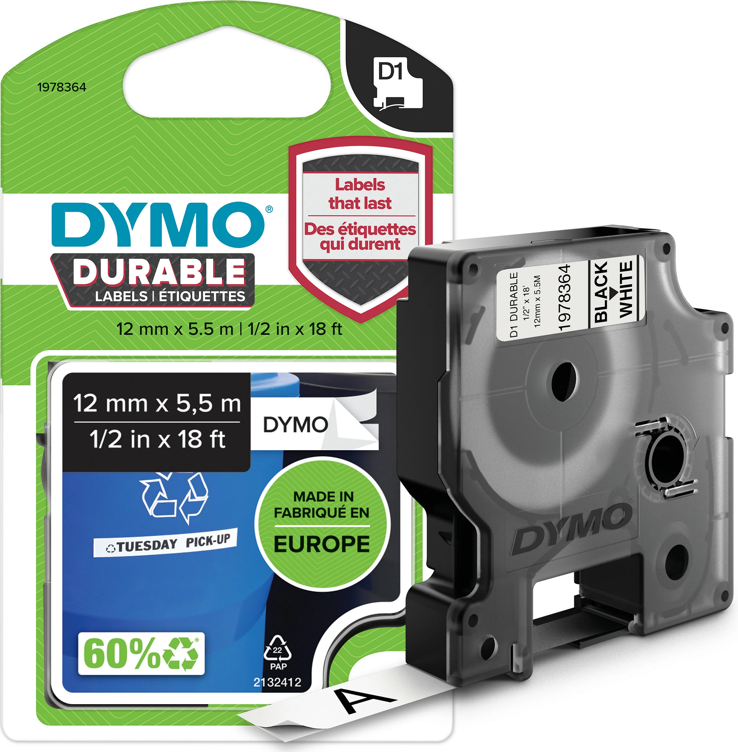 Shirit etikete Dymo D1 Durable 12 mm x 5,5 m, i zi në të bardhë