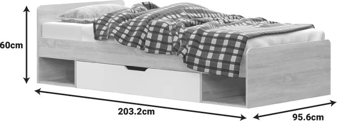 Krevat njësh me sirtar, ngjyrë lisi-bardhë, 90x200cm