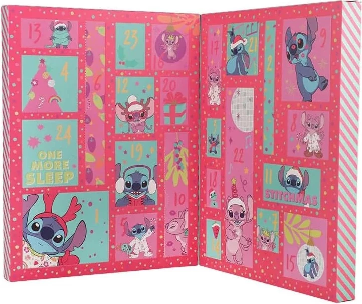 Kalendar adventi me artikuj shkrimi Disney Stitch Paladone, 24-ditor, set 32 copë, rozë