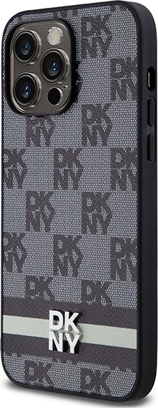 Mbështjellës DKNY Leather Checkered Mono Pattern & Printed Stripes për iPhone 14 Pro Max, i zi