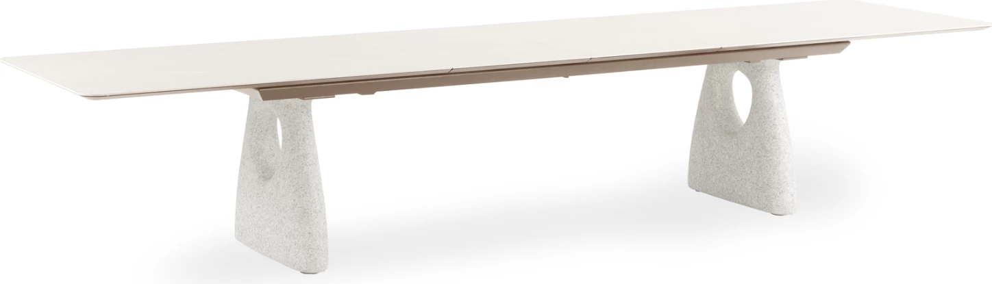 Tavolinë ngrënie e zgjatshme GOFFEN, alumin ngjyrë fildishi, sipërfaqe prej guri të sinterizuar, 280-400x100x76.5cm