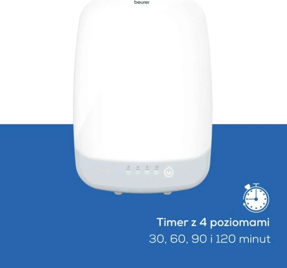 Lampë dite terapike, Beurer, TL85, LED 10000 lux në 20 cm, sipërfaqe 30x37 cm, timer 30/120 min, me bazë të heqshme, argjendtë/bardhë