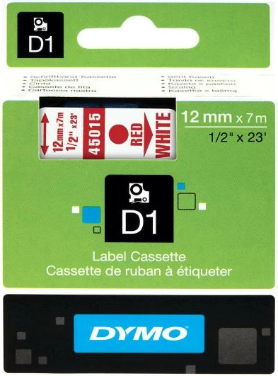 Kasetë etiketimi Dymo D1 45015 12 mm x 7 m, e bardhë me tekst të kuq