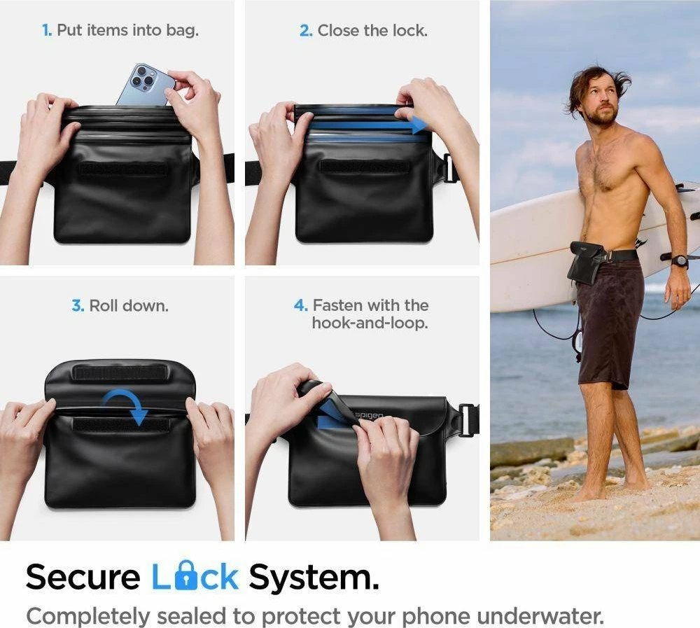 Set mbrojtës i papërshkueshëm nga uji Spigen A621 universal për celular + çantë beli, IPX8 30m, Zi