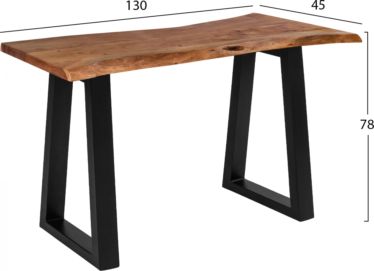 Konsol tavoline Montana, dru akacie i fortë, ngjyrë natyrale, këmbë metalike të zeza, 130x45