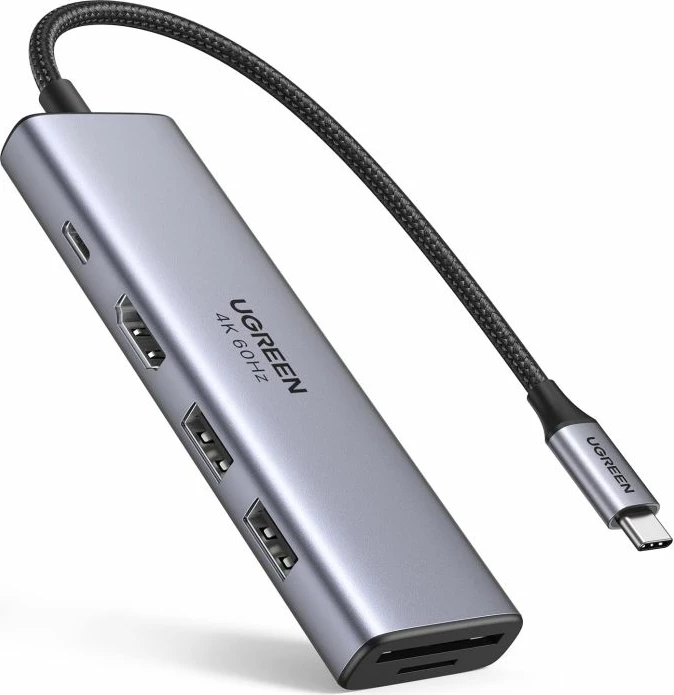 USB-C hub UGREEN 60384, 6-në-1, HDMI 4K@60Hz, PD 100W, 2x USB 3.0, lexues kartelash SD/microSD, gri