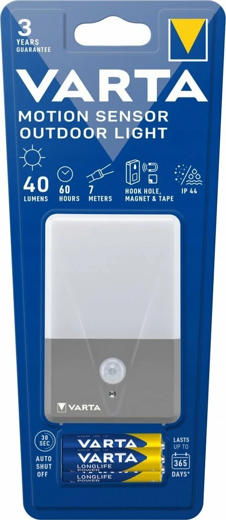 Lampë muri Varta Motion Sensor Outdoor Light, LED 40 lm, IP44, 3x AAA, gri/bardhë