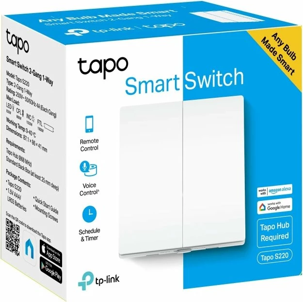 Switch i mençur i dritës TP-Link Tapo S220, dyfish (single-pole), pa tel neutral, kërkon Tapo Hub H100, i bardhë