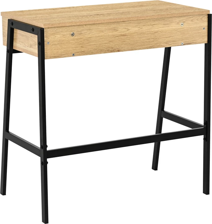 Tavolinë zyre me raft dhe sirtar Rezio, ngjyrë lisi, këmbë metalike të zeza, 75x45x76cm