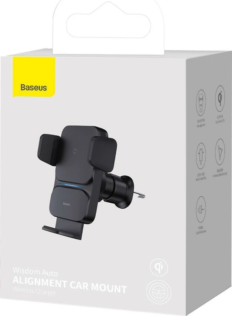 Mbajtës celulari Baseus Wisdom CGZX000001, karikim pa tel Qi 15W, për grilë ventilimi, USB-C, kabllo 1 m, i zi