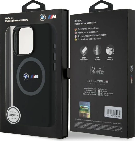 Mbështjellës BMW M për iPhone 16 Pro, silikon, MagSafe, zi