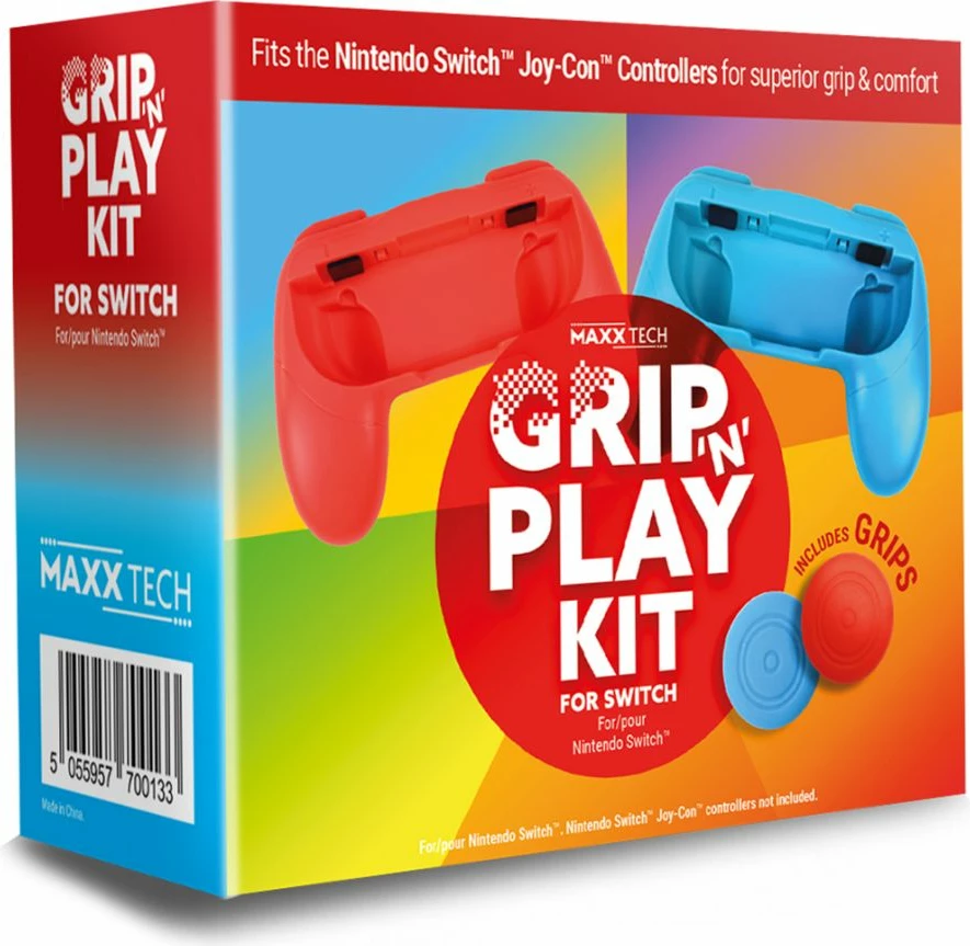 Set gripash për kontrollor MAXX TECH Grip 'n' Play Kit për Nintendo Switch Joy-Con, kuqe/blu (4 copë)