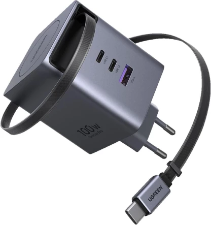Karikues USB-C GaN UGREEN X616 (65828) 100W me kabllo tërheqëse 0.75 m, 4 porta, gri